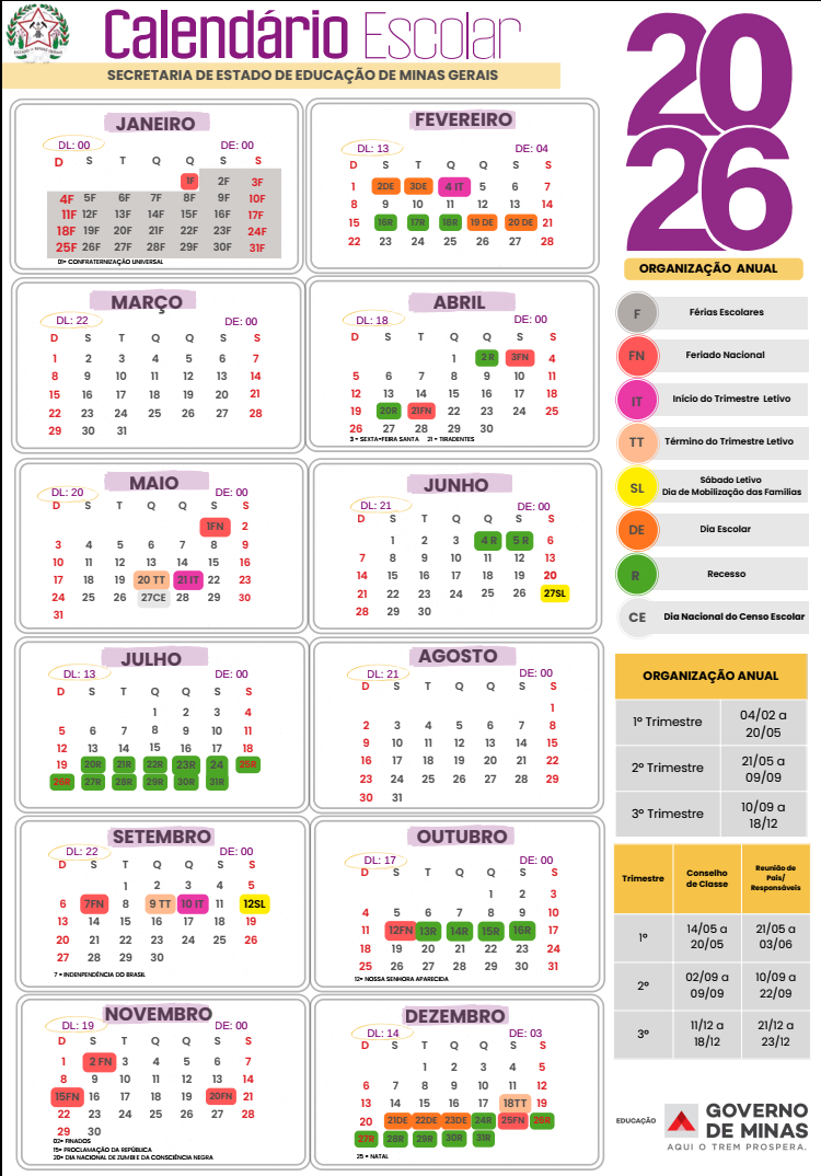 Calendário Escolar 2026 confirma adoção do modelo trimestral